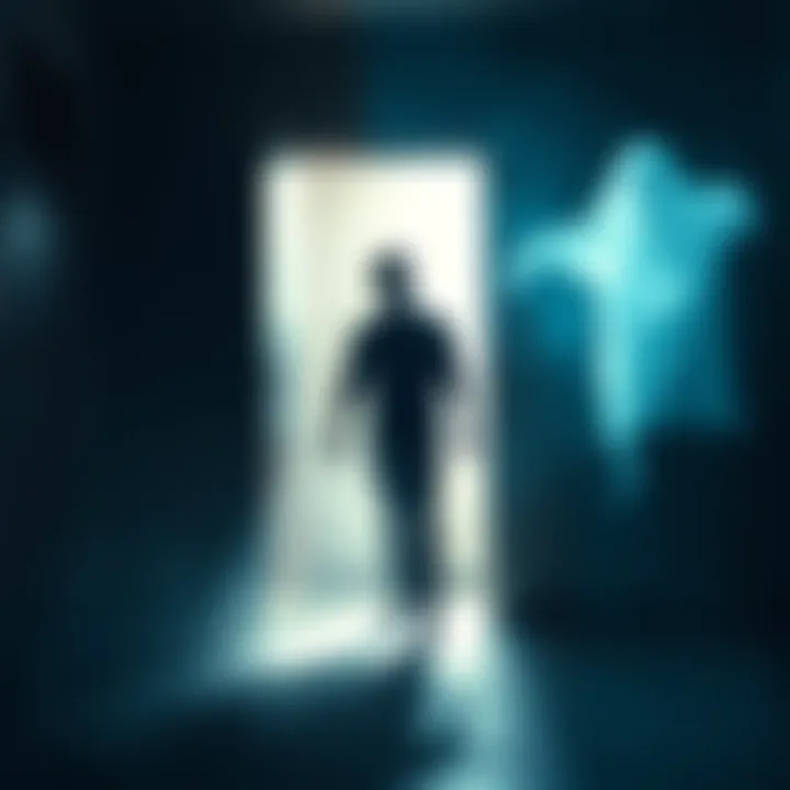 Person interacting with a spirit A person stands in a dimly lit room, surrounded by shadows, with a ghostly figure hovering nearby, showing a mix of curiosity and fear.