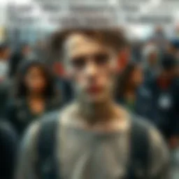 A person standing in a crowd with distinct, unusual traits that make them appear different from others.