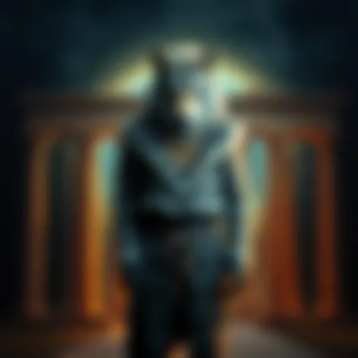 A person wearing a wolf costume standing in front of ancient Greek symbols, representing therianthropy within Hellenism