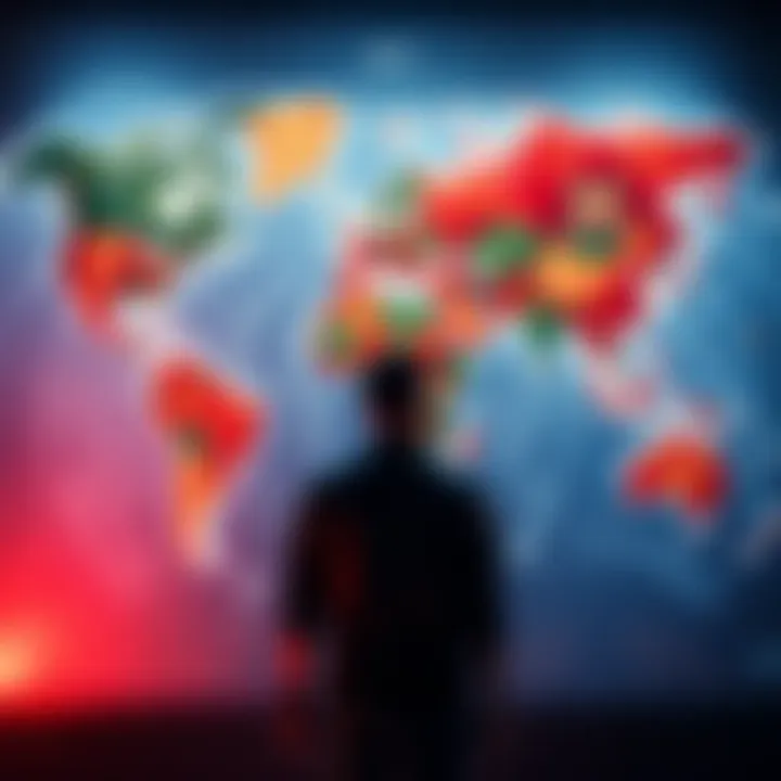 A person standing in front of a large world map, contemplating travel destinations