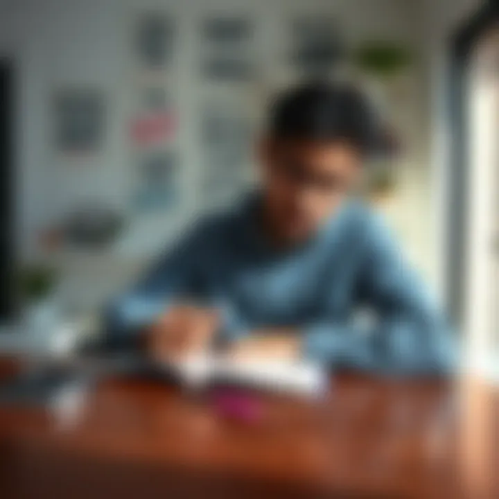 A person sitting at a desk, writing job affirmations in a notebook with a pen, surrounded by motivational quotes on the wall.