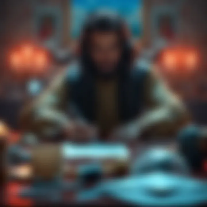 A person sitting at a table carefully writing a letter with a pen, surrounded by symbolic items related to Lord Hermes like a caduceus and an envelope.