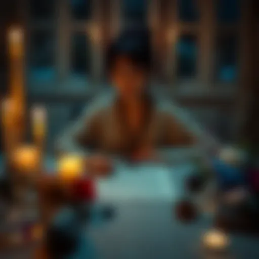 A person sitting at a table, writing a letter by candlelight with crystals and flowers around them, symbolizing a soulmate ritual.