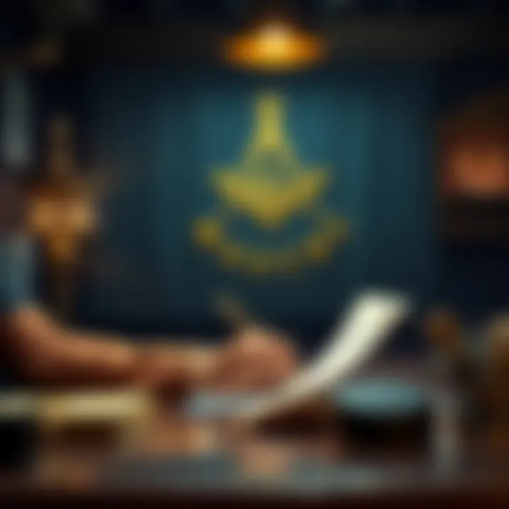 A person sitting at a desk, writing a letter expressing interest in joining a Masonic lodge, with Masonic symbols in the background