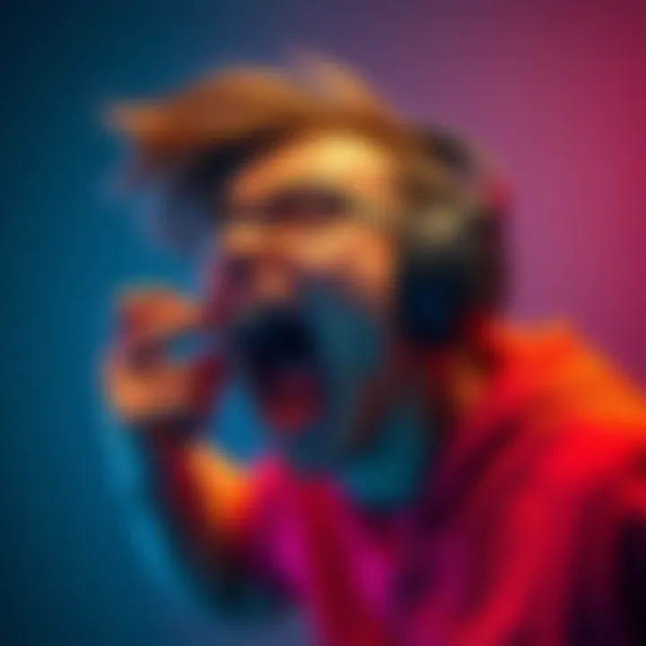Person shouting at music playlist A person passionately yelling while listening to music through headphones, expressing strong emotions towards their playlist.