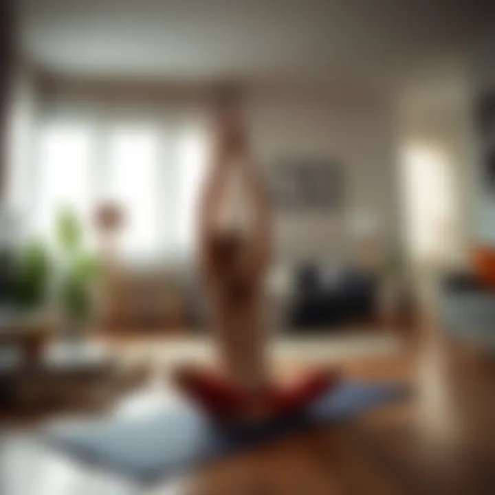 A person practicing yoga on a mat at home, focusing on mindfulness and exercise while surrounded by everyday items, like a coffee table and plants.