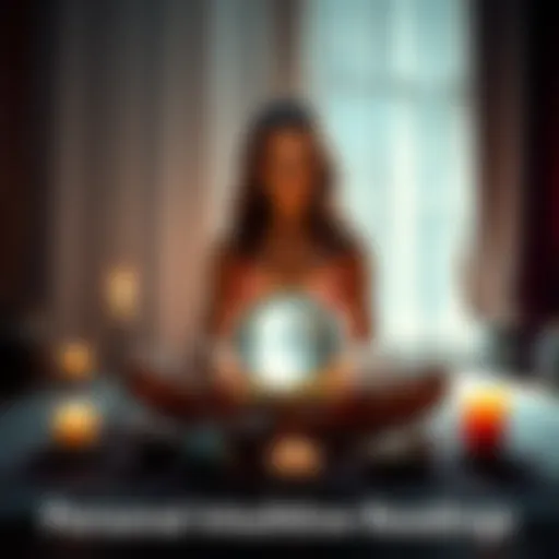 A person sitting cross-legged with a crystal ball on a table, surrounded by candles and spiritual tools, seeking clarity through an intuitive reading.