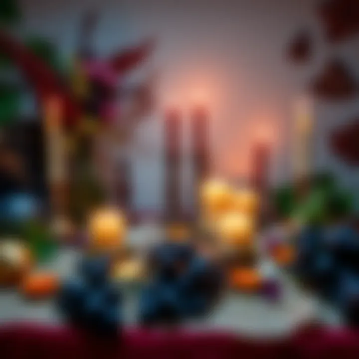 Personal Altar for Dionysus A beautifully arranged personal altar featuring symbols of Dionysus, like grapes and wine, surrounded by candles and natural elements.