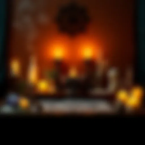 A beautifully arranged altar dedicated to Hekate with candles, incense, and symbolic items like herbs and crystals.