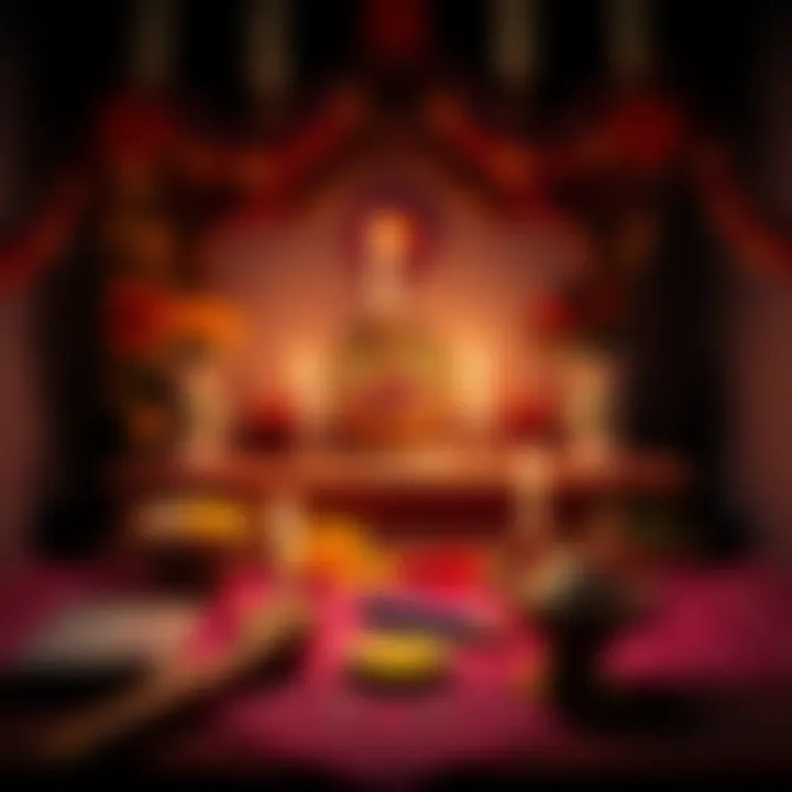 A decorated personal altar featuring candles, flowers, and spiritual symbols, used for puja and daily tasks.