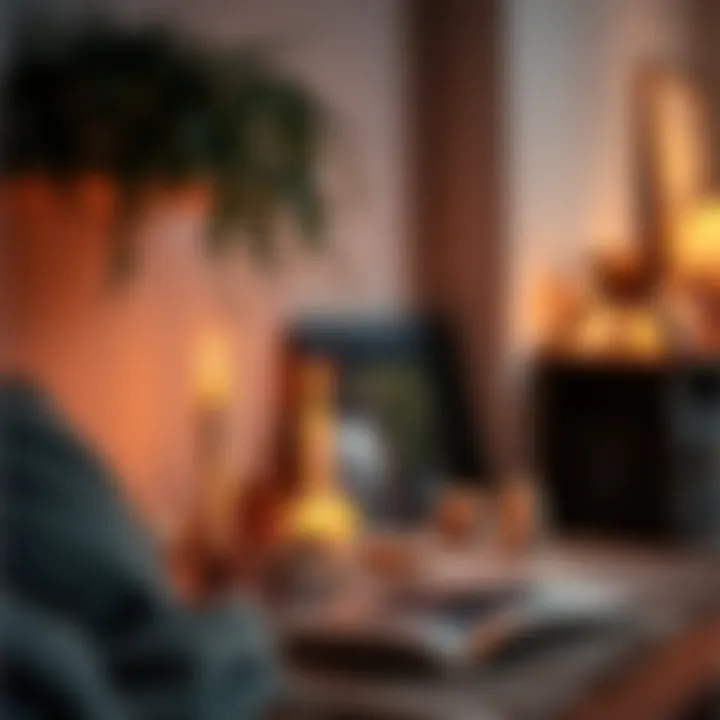 A cozy apartment corner featuring a personal altar with candles, crystals, and photographs, inviting creativity and reflection.