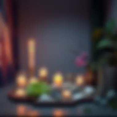 Personal altar with essential items A personal altar featuring candles, crystals, and plants, arranged to connect with natural energies.
