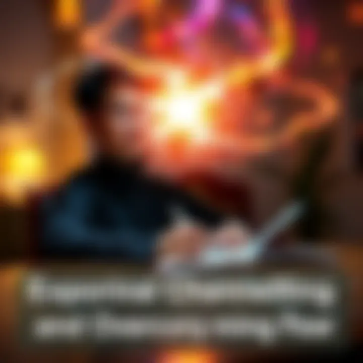 A person sitting at a desk, writing in a notebook with a serene expression as vibrant energy swirls around them