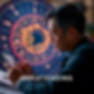 Personal Chart Analysis A person studying their chart with various symbols and lines representing personality traits and life choices.