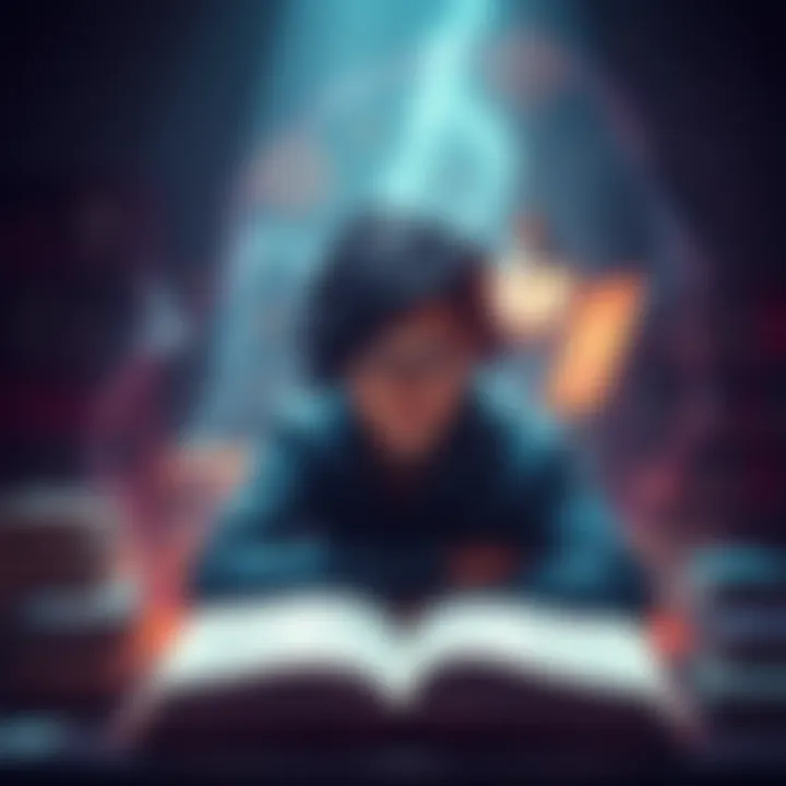 A college student reflecting on their experience with Set, surrounded by books and magical symbols