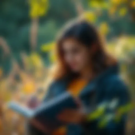 A person reflecting on their growth with a journal and pen, surrounded by nature