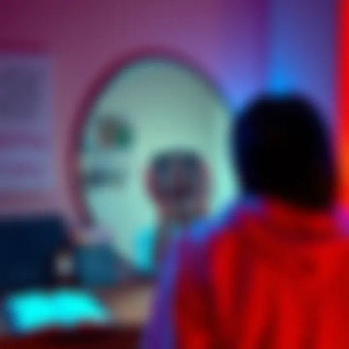 A person engaging in mirror work, reflecting on their goals and desires, surrounded by uplifting items like affirmations and a playlist.