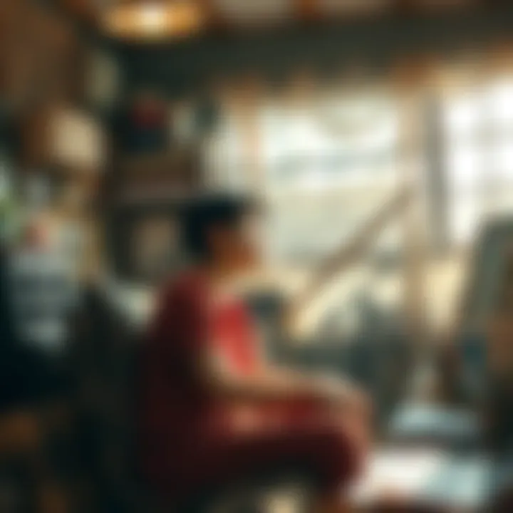 An individual reflecting in a cozy room surrounded by thrift store finds and art supplies, symbolizing spiritual connection and creativity.