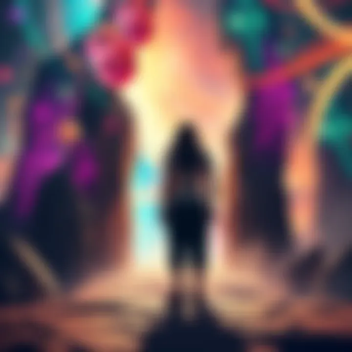 A vibrant depiction of a person standing at the threshold of their imagined world, blending elements of fantasy and self-expression.