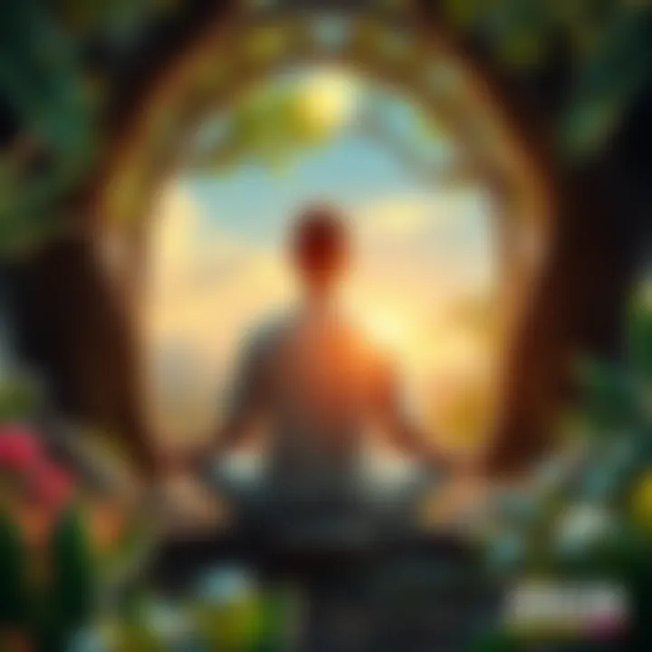 A scene representing personal growth and connection, showing a person meditating surrounded by nature, symbolizing inner peace and reflection for the year 2026.