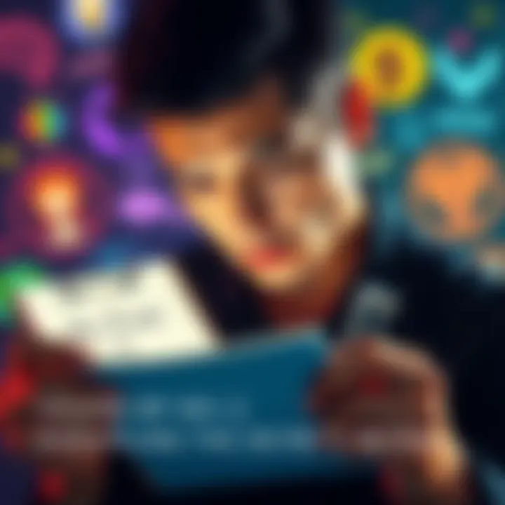 Personality Traits Exploration A person looking thoughtfully at a notepad with personality traits written on it, surrounded by colorful visuals representing different traits.