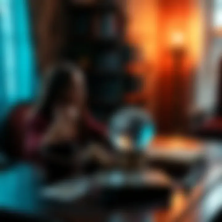 A calm atmosphere with a person receiving a reading focused on love, career, or life advice at a table with tarot cards and a crystal ball.