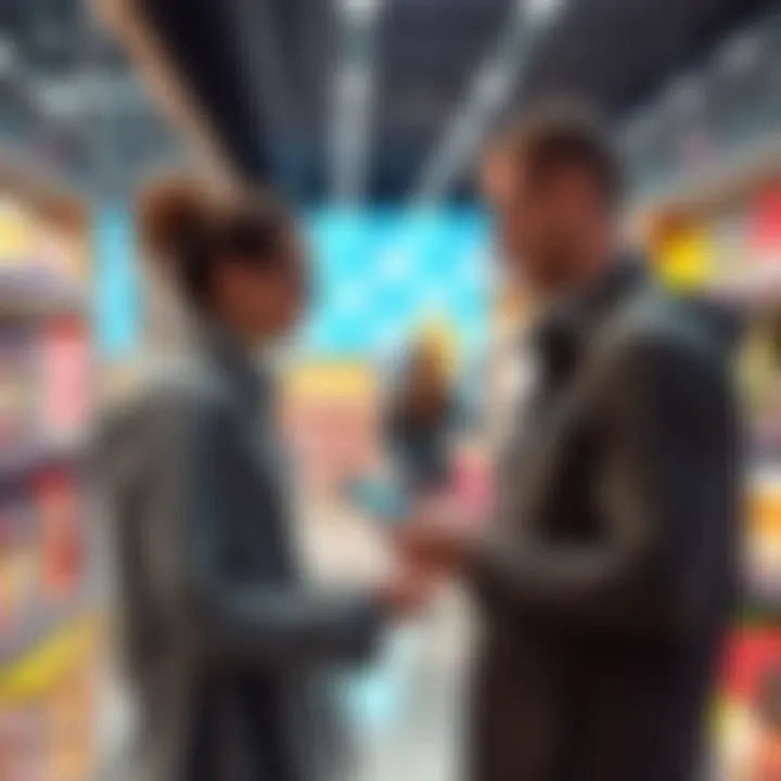 A customer interacting with a smart shopping assistant in a retail store, showcasing personalized product recommendations based on preferences.