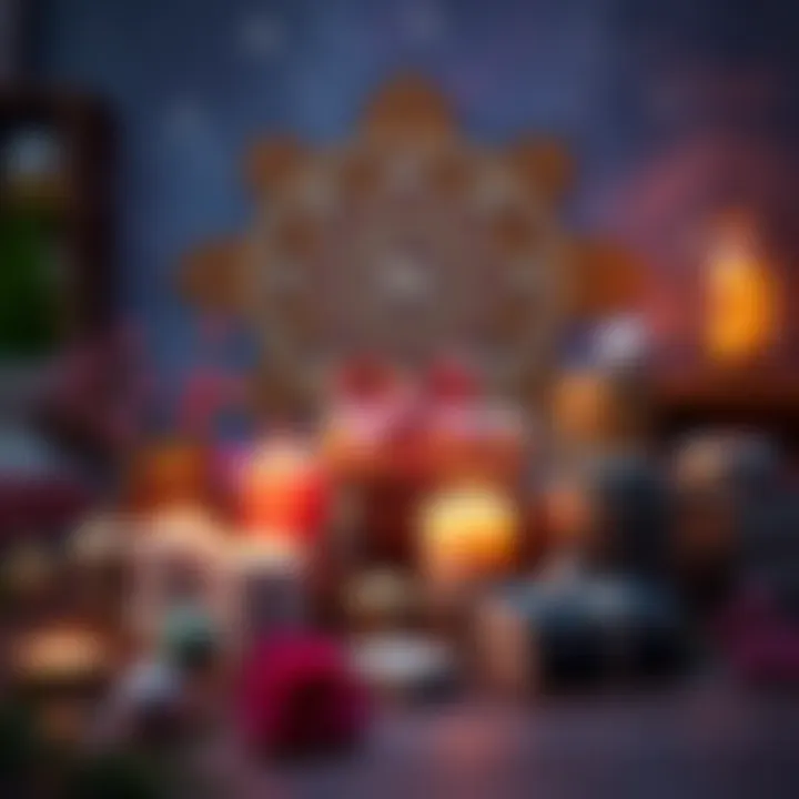 An assortment of gifts tailored for various zodiac signs, including items like candles, crystals, and books, set on a table with zodiac symbols in the background.