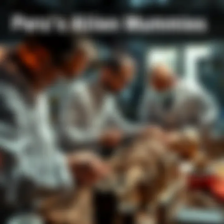 Scientists examining a human-like mummy with distinctive features, surrounded by artifacts in a lab setting.