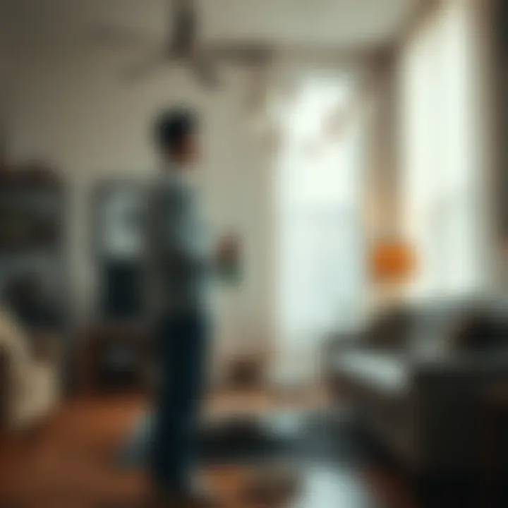 Pest Control Dilemma Person standing in a living room looking at an empty insect trap while holding a can of eco-friendly spray, reflecting on moral choices about pest control.