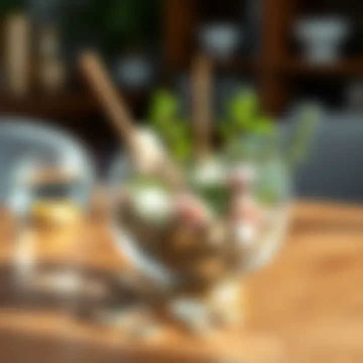 A clean and decorated money bowl filled with herbs and crystals, placed on a wooden table with no pests around