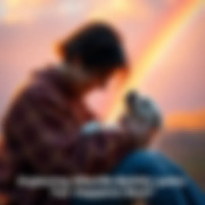 Pet and owner in a peaceful setting A serene scene of a person holding their pet, symbolizing the bond and love shared, with a rainbow in the background representing hope for the afterlife.