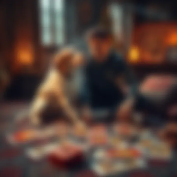 A person sitting on the floor with a dog beside them, surrounded by tarot cards, looking contemplative.