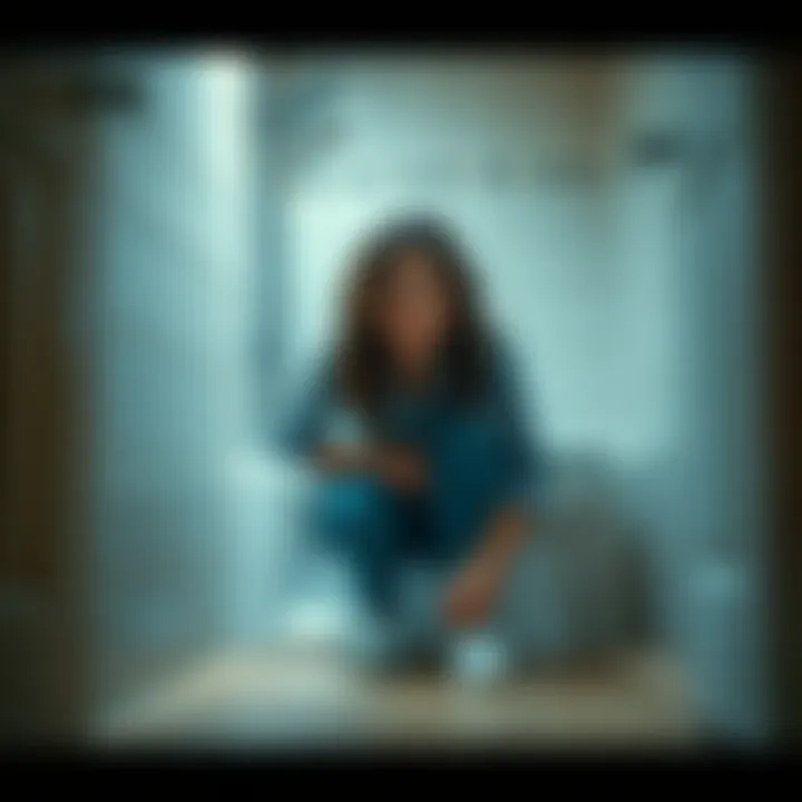 A frightened pet sitter crouches in a bathroom, hiding from intruders with a scared expression.