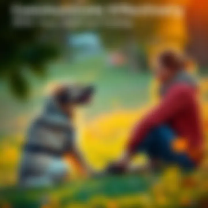 A woman sitting on the grass talking gently to her dog, showcasing the bond between pets and their owners during animal communication exercises.