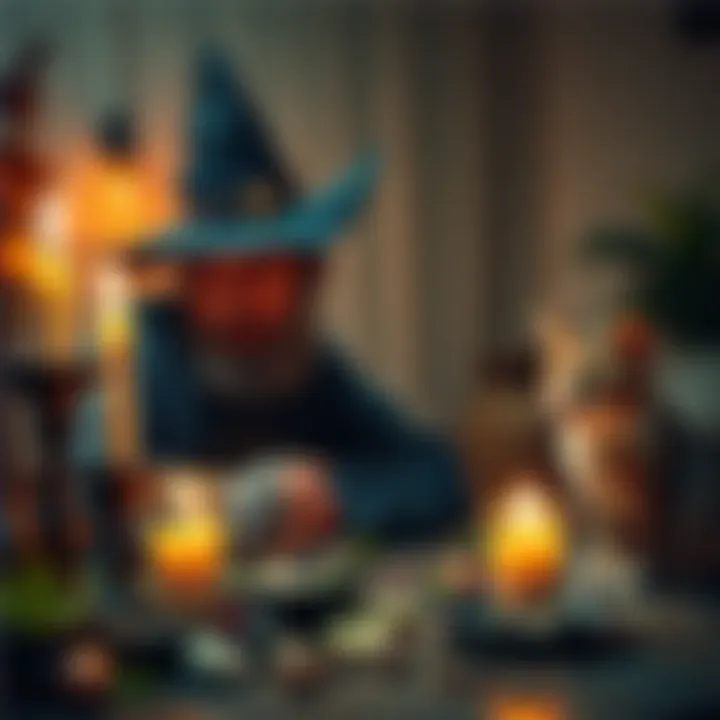 A pet owner performs a ritual with candles and herbs while keeping an eye on their curious cat nearby.