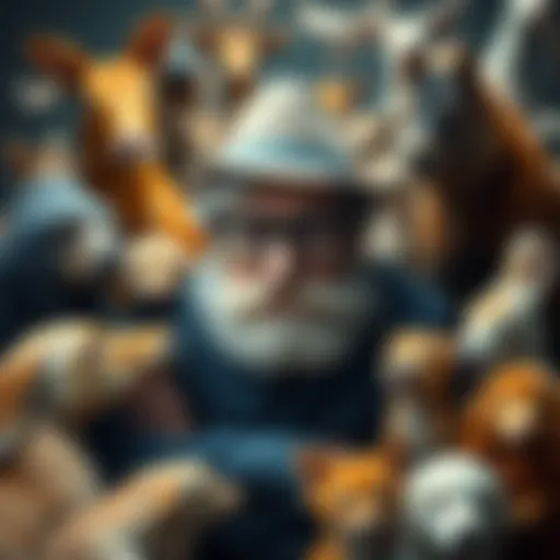 A thinker surrounded by a variety of animals, symbolizing the debate on animal consciousness.