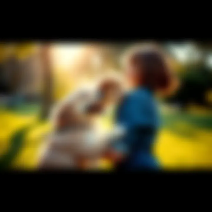 A joyful scene of a pet and its owner reuniting in a sunny park, conveying love and connection after loss.