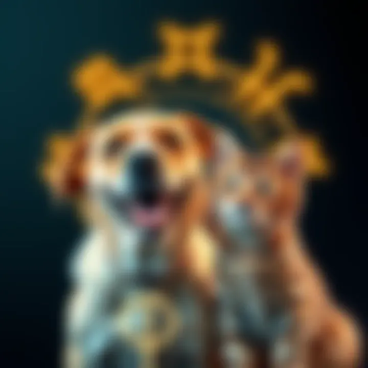 A happy dog and cat with zodiac symbols above them, representing their astrological signs. The dog has a playful expression while the cat looks curious.