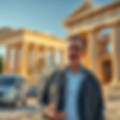 Peter Kingsley standing in front of ancient Greek architecture, talking about free will and cosmic necessity