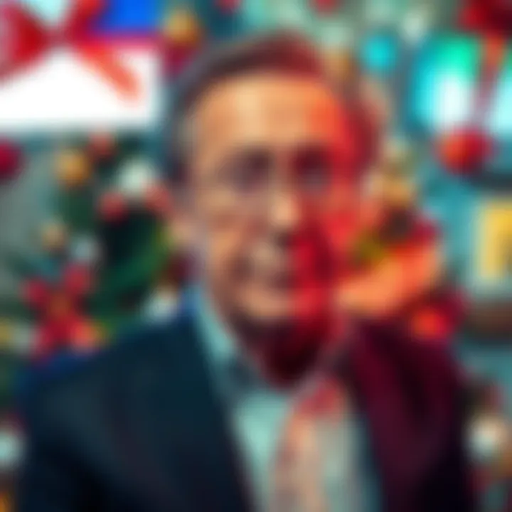 Peter Mandelson surrounded by holiday decorations with social media comments in the background