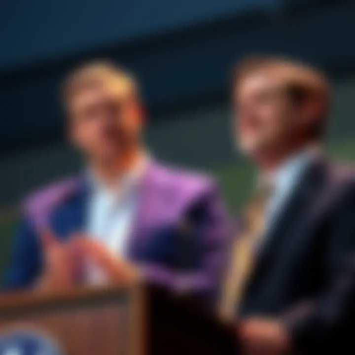 Peter Thiel and JD Vance Discussion Peter Thiel speaking at a podium while JD Vance listens intently, highlighting their political connection and controversy.