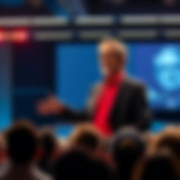 Billionaire Peter Thiel standing in front of a projector, discussing the Antichrist with an audience.