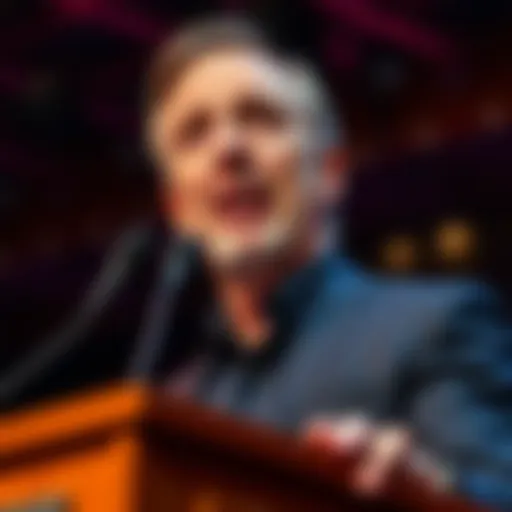 Peter Thiel speaking at an event, with intense expressions and dramatic lighting, conveying a sense of deep conviction and controversy.