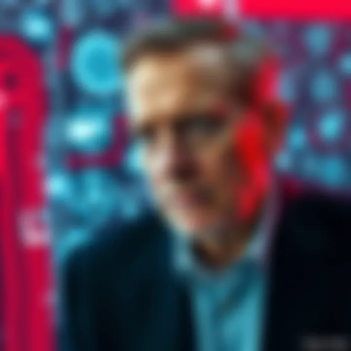 A close-up of Peter Thiel with digital surveillance icons in the background, representing a future with advanced technology and control.