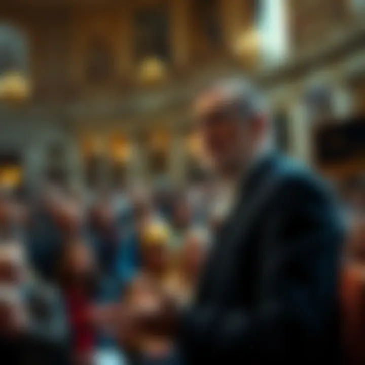 Peter Thiel speaking about the Antichrist at a lecture near the Vatican, with a crowd listening intently.