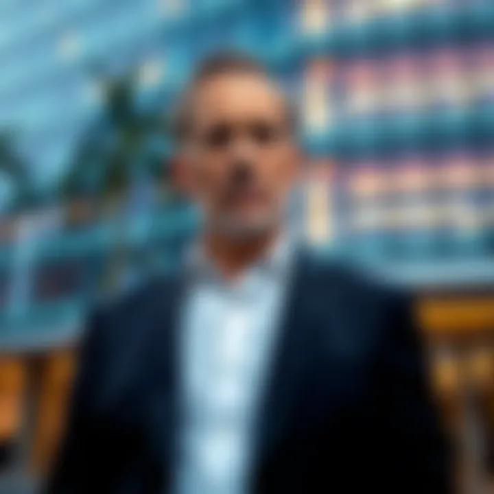 Peter Thiel in a suit Billionaire Peter Thiel dressed in a suit, standing in front of a corporate building, with a serious expression.