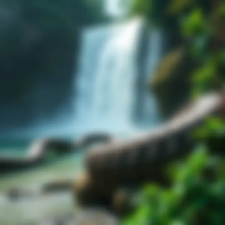 A large rock formation resembling a giant snake near a waterfall in Indonesia, surrounded by lush greenery