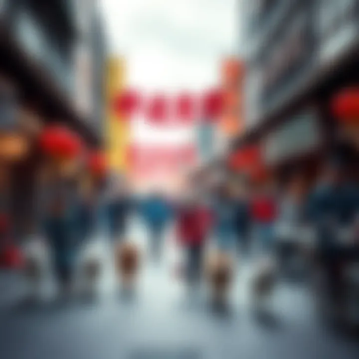 A bustling street scene in China with people walking their dogs and playing with pets, while children are noticeably absent, highlighting the shift in demographics.