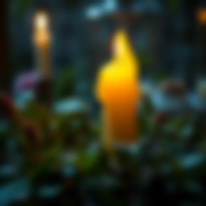 Phallic Candle for Bealtaine Ritual A unique candle shaped like a phallus surrounded by greenery, symbolizing fertility during Bealtaine celebration.